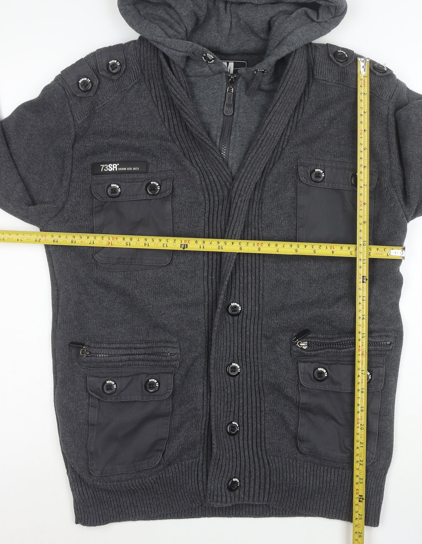 DNM:73 Men's Grey Hooded Knit Bomber Jacket Size L