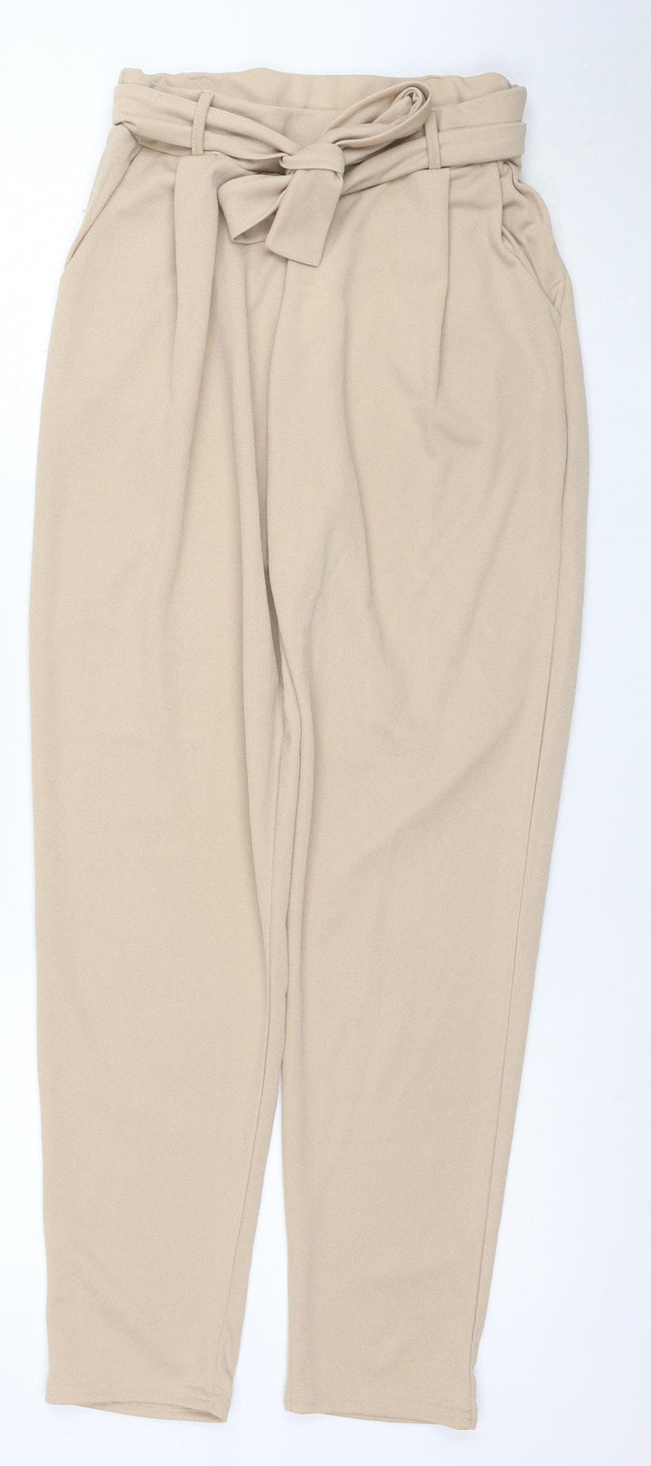 SAW IT FIRST Women’s Beige Paperbag Trousers Size 10 Belted High Waist