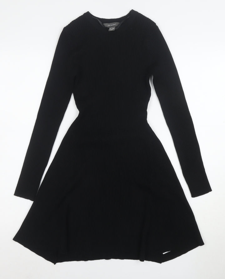 Primark Women Black Knit Fit & Flare Long Sleeve Dress Size S