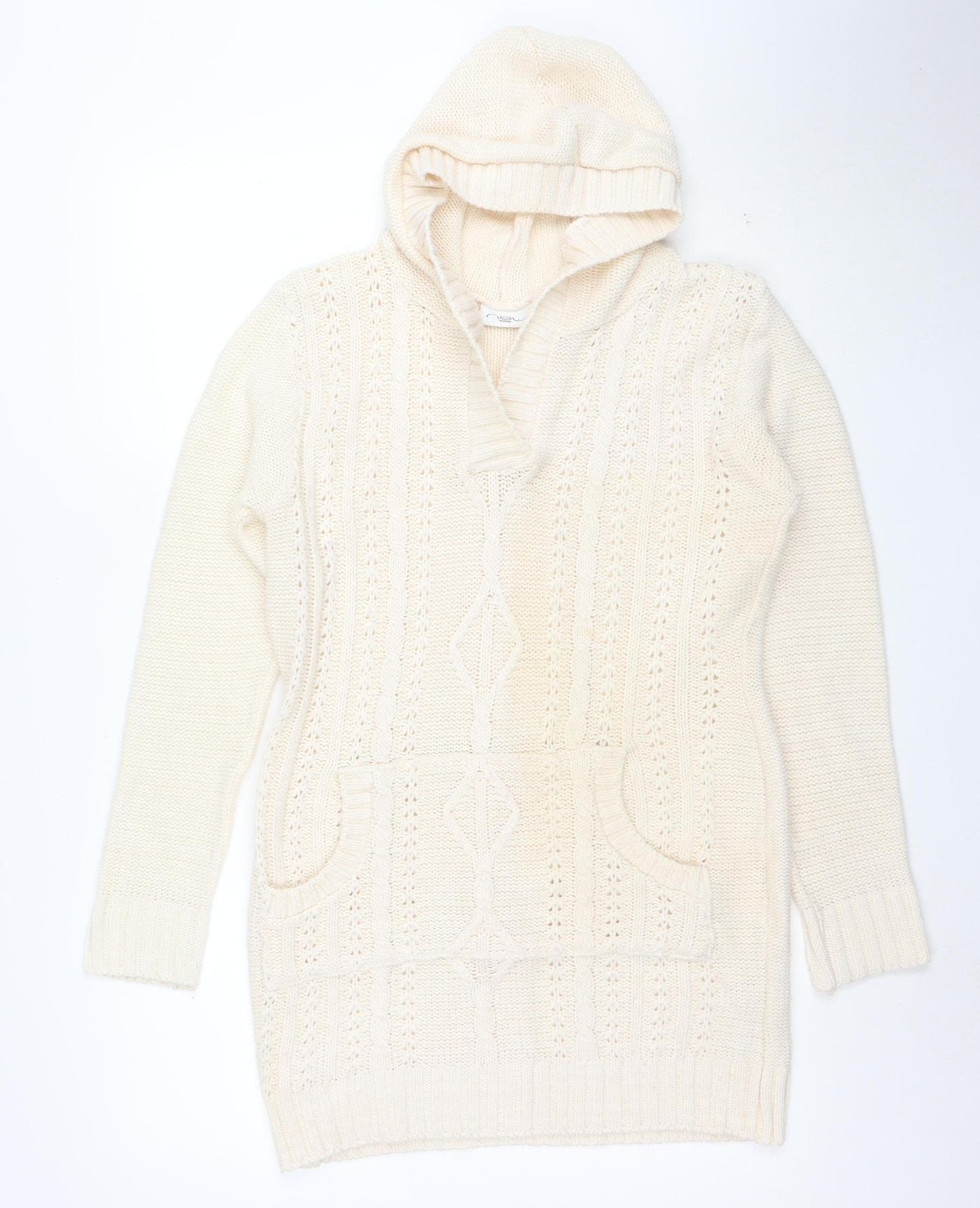 New Look Womens Ivory Hooded Knit Pullover Jumper Size 12