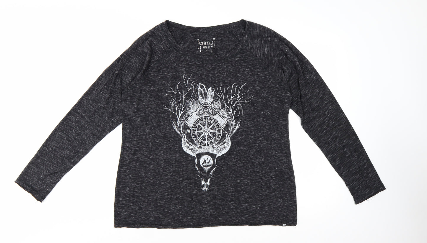Animal Womens Black Graphic Long Sleeve Jersey T-Shirt Size 16