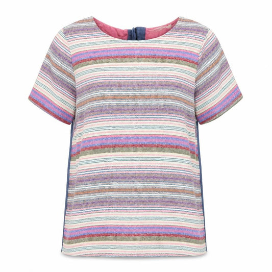 Front view of White Stuff women’s multicoloured striped cotton tunic blouse, size UK 12