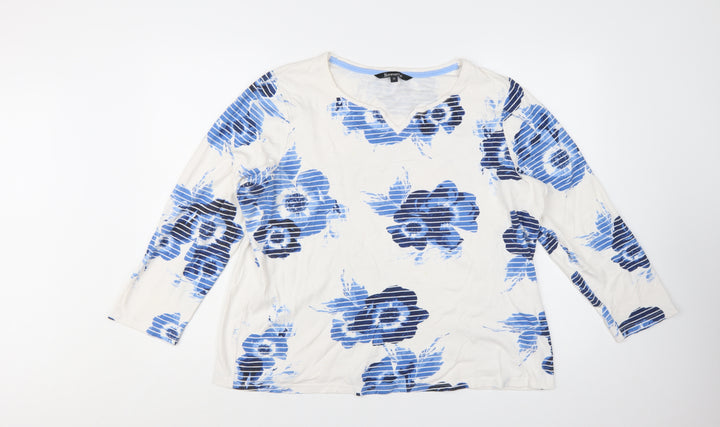 Bonmarché Women Blue Floral 3/4 Sleeve Cotton T-Shirt Size 20