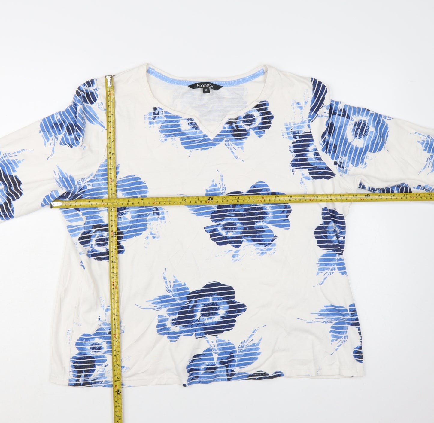 Bonmarché Women Blue Floral 3/4 Sleeve Cotton T-Shirt Size 20