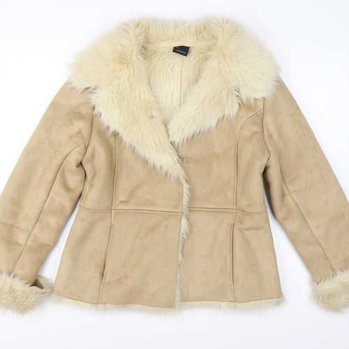 Foxhole Women Beige Faux Fur Trim Suede Biker Jacket Size 12