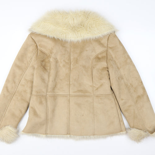 Foxhole Women Beige Faux Fur Trim Suede Biker Jacket Size 12