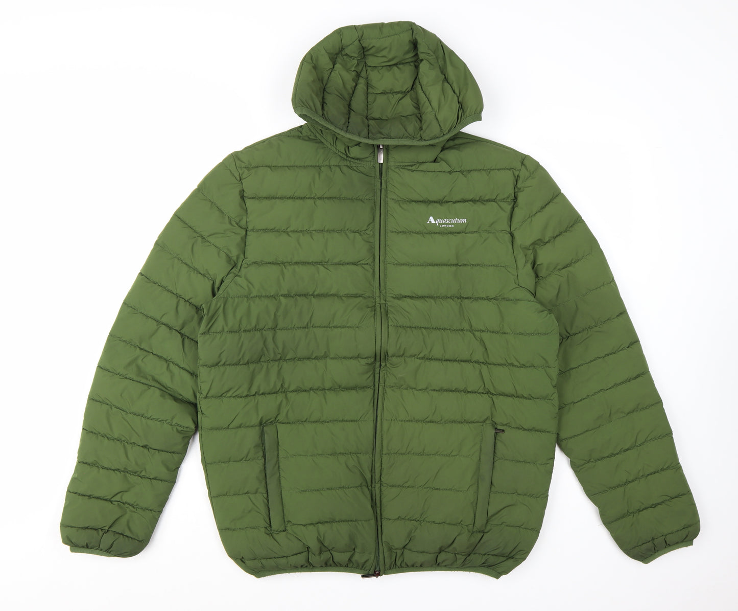 Aquascutum Men’s Green Hooded Puffer Jacket L Polyester Full Zip