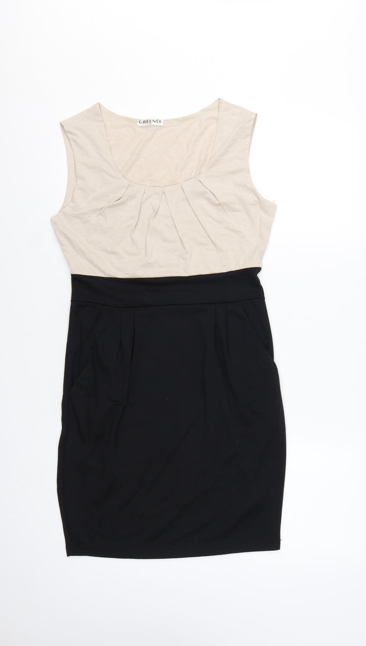 GReeNCE Women Beige Black Colourblock Sleeveless Sheath Dress M