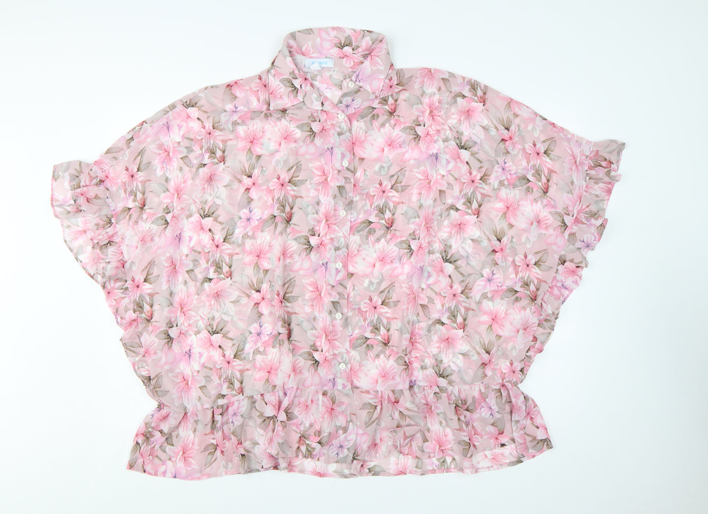 Blue Vanilla Women Pink Floral Chiffon Ruffle Blouse UK M