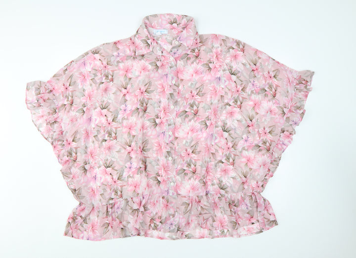 Blue Vanilla Women Pink Floral Chiffon Ruffle Blouse UK M