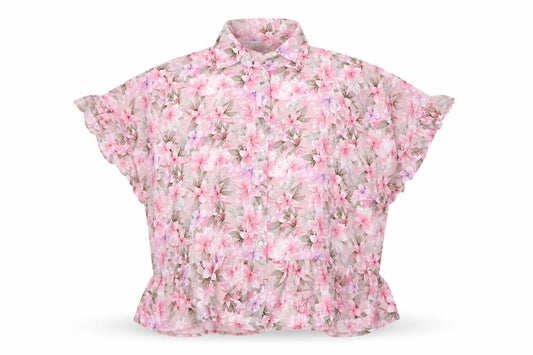 Front view of Blue Vanilla Women Pink Floral Chiffon Ruffle Blouse UK M