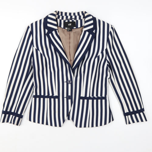 H&M Women Blue White Striped Suit Jacket Size 12 Classic Blazer