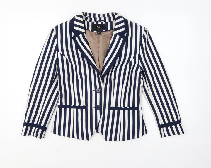 H&M Women Blue White Striped Suit Jacket Size 12 Classic Blazer