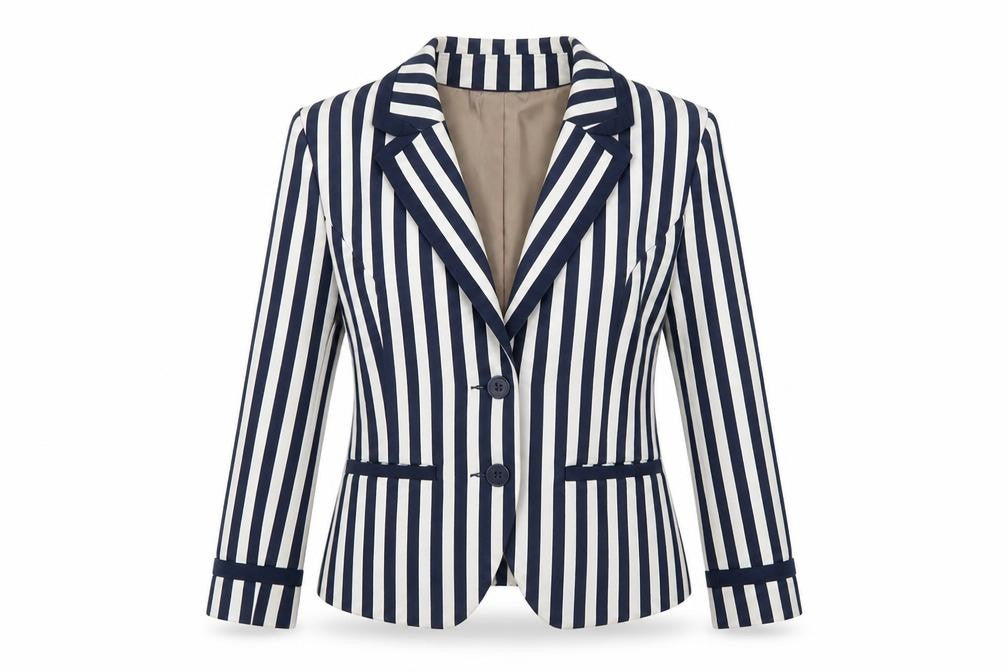 Front view of H&M Women Blue White Striped Suit Jacket, size 12, Classic Blazer