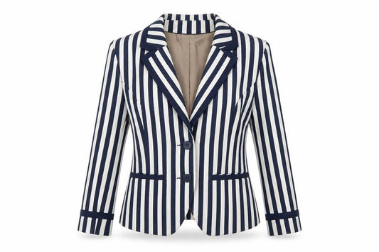 Front view of H&M Women Blue White Striped Suit Jacket, size 12, Classic Blazer
