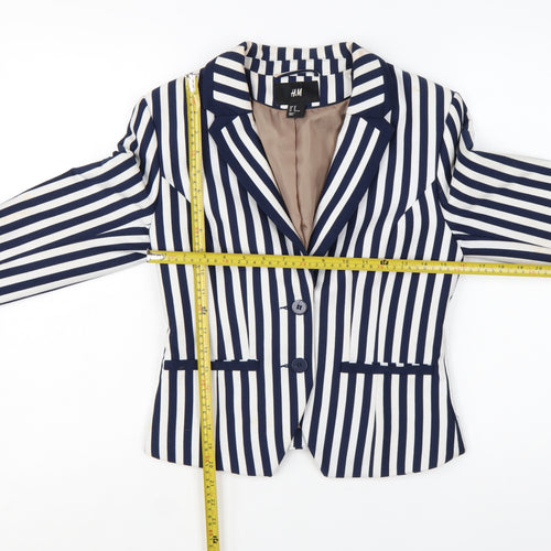 H&M Women Blue White Striped Suit Jacket Size 12 Classic Blazer
