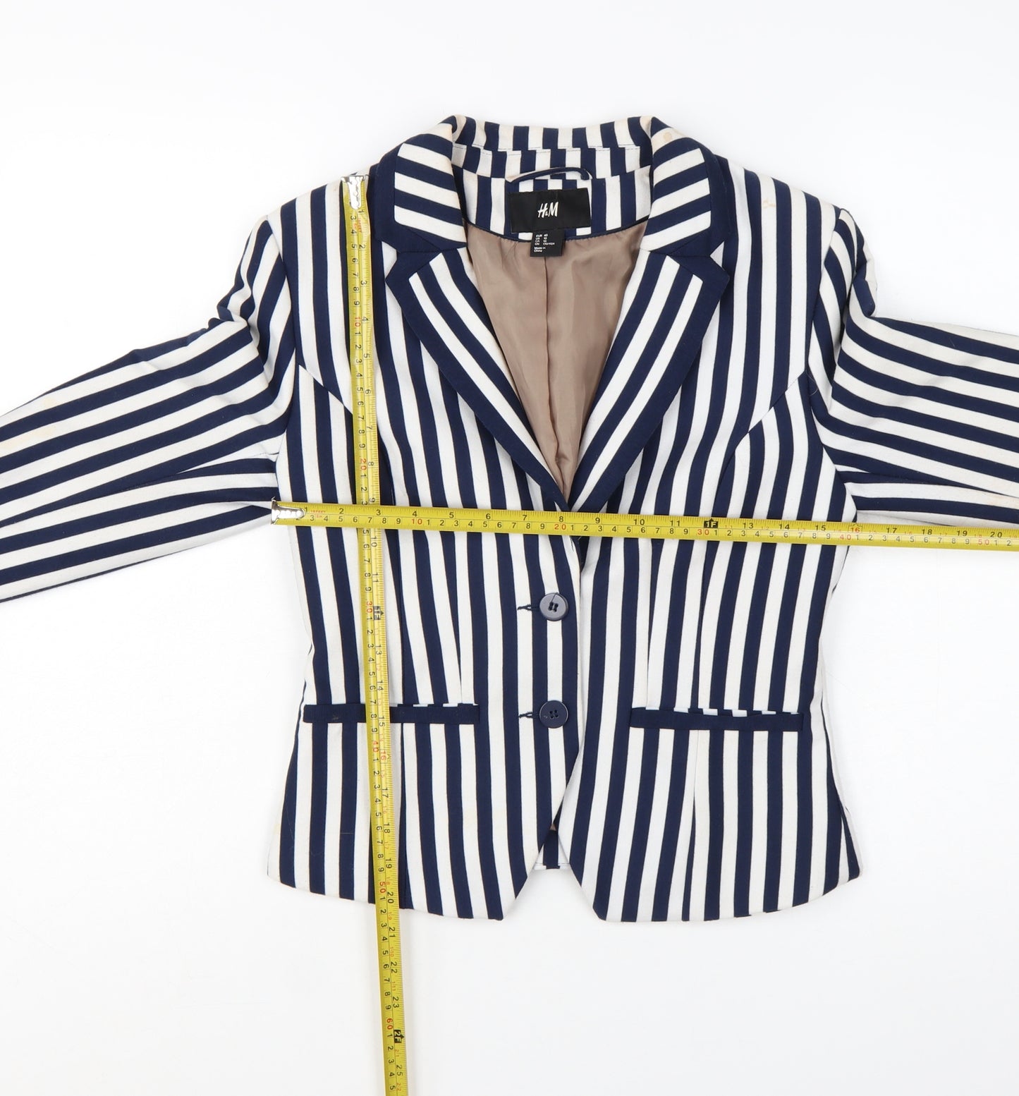 H&M Women Blue White Striped Suit Jacket Size 12 Classic Blazer