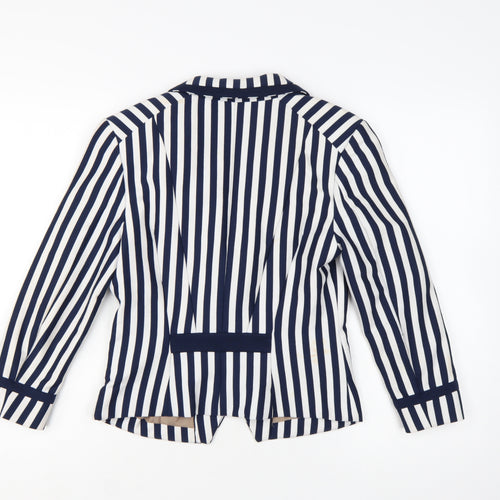 H&M Women Blue White Striped Suit Jacket Size 12 Classic Blazer