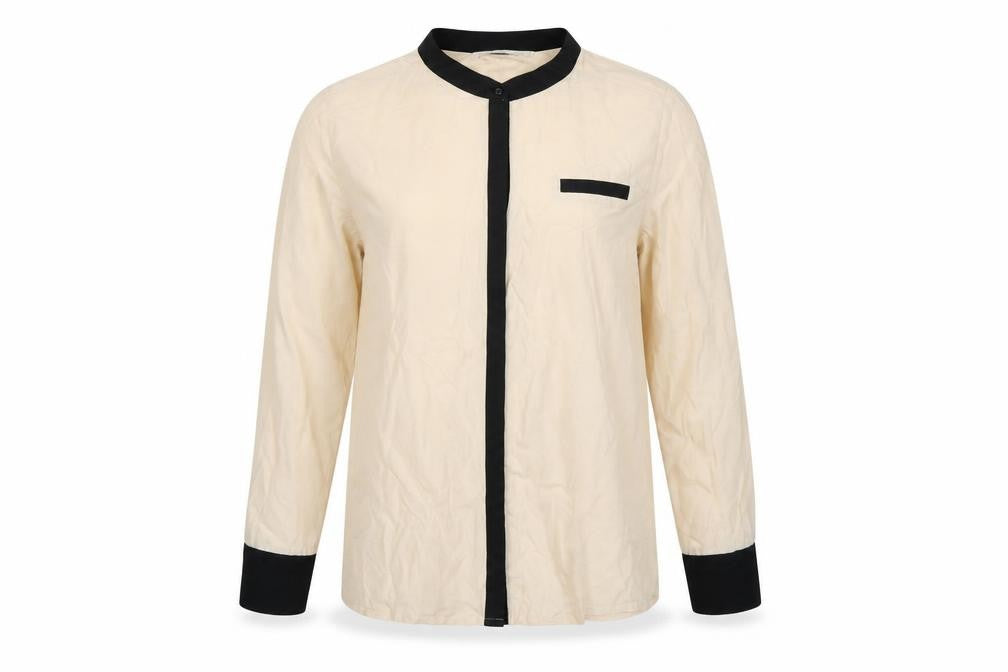 Front view of Next women’s beige long sleeve button blouse, size UK 12