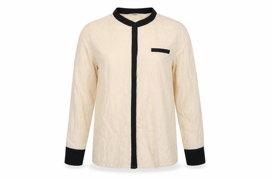 Front view of Next women’s beige long sleeve button blouse, size UK 12
