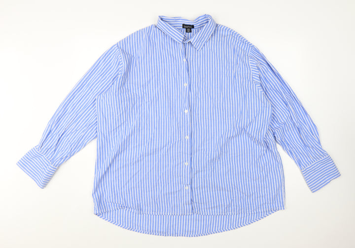 Boohoo Women Blue Striped Button-Up Long Sleeve Cotton Shirt Size 14