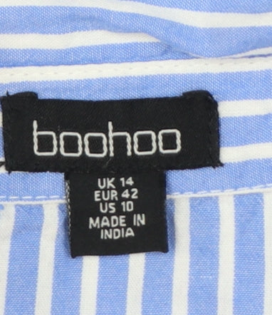 Boohoo Women Blue Striped Button-Up Long Sleeve Cotton Shirt Size 14