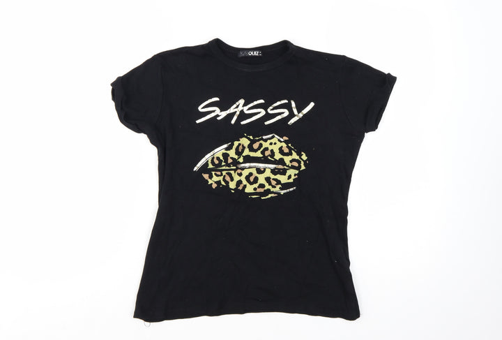 Quiz Women’s Black Sassy Leopard Print Cotton T-Shirt Size 8