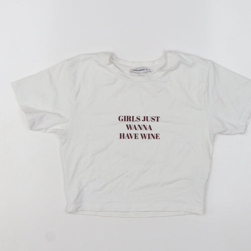 Pink Woman White Cropped T-Shirt Women M Funny Quote Casual Top