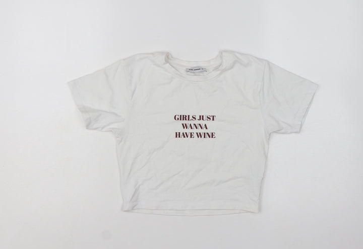 Pink Woman White Cropped T-Shirt Women M Funny Quote Casual Top