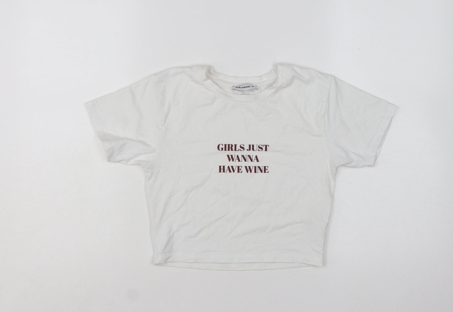 Pink Woman White Cropped T-Shirt Women M Funny Quote Casual Top