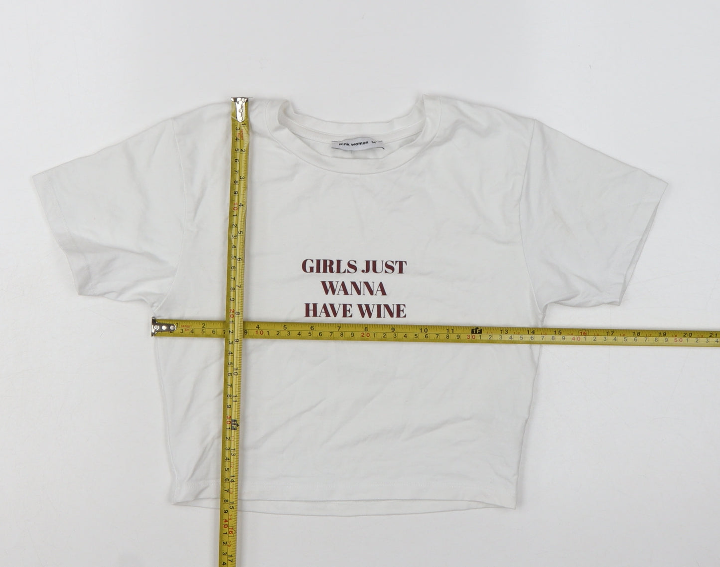Pink Woman White Cropped T-Shirt Women M Funny Quote Casual Top
