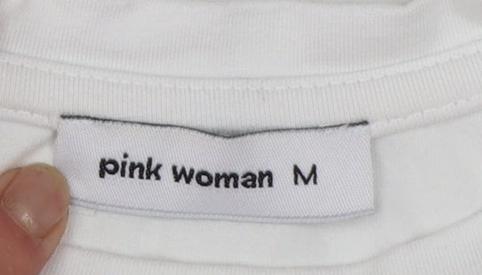 Pink Woman White Cropped T-Shirt Women M Funny Quote Casual Top