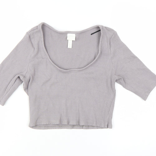 H&M Women's Grey Cropped 3/4 Sleeve Scoop Neck T-Shirt Size L