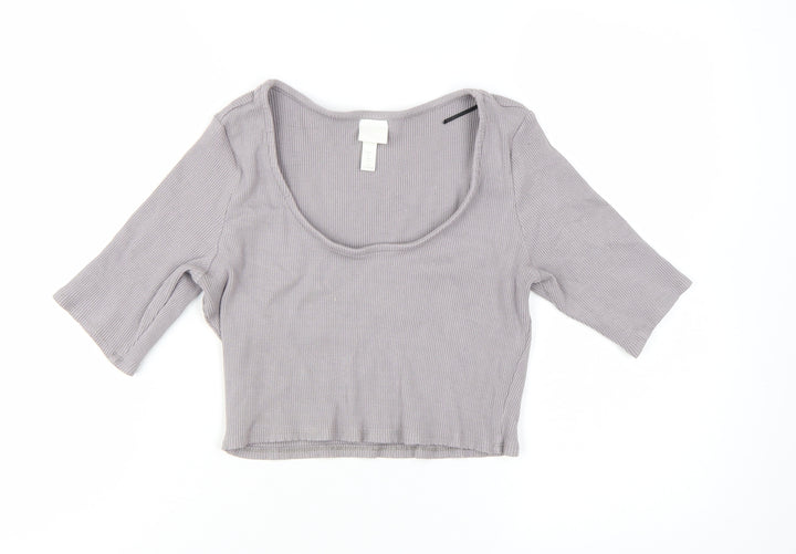 H&M Women's Grey Cropped 3/4 Sleeve Scoop Neck T-Shirt Size L