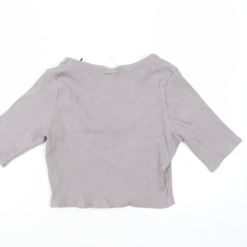 H&M Women's Grey Cropped 3/4 Sleeve Scoop Neck T-Shirt Size L