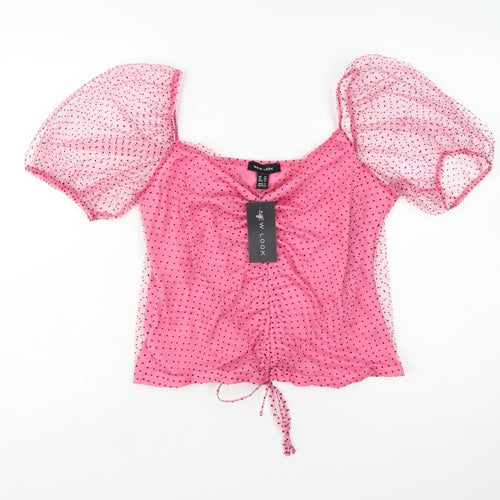 New Look Women’s Pink Polka Dot Mesh Puff Sleeve Cropped Blouse UK 16