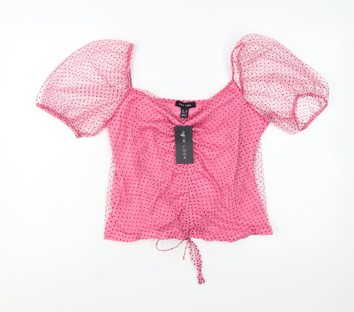 New Look Women’s Pink Polka Dot Mesh Puff Sleeve Cropped Blouse UK 16
