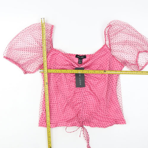 New Look Women’s Pink Polka Dot Mesh Puff Sleeve Cropped Blouse UK 16