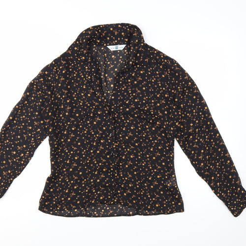 New Look Women Black Geometric Long Sleeve Collared Blouse Size 12