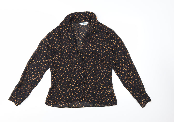 New Look Women Black Geometric Long Sleeve Collared Blouse Size 12