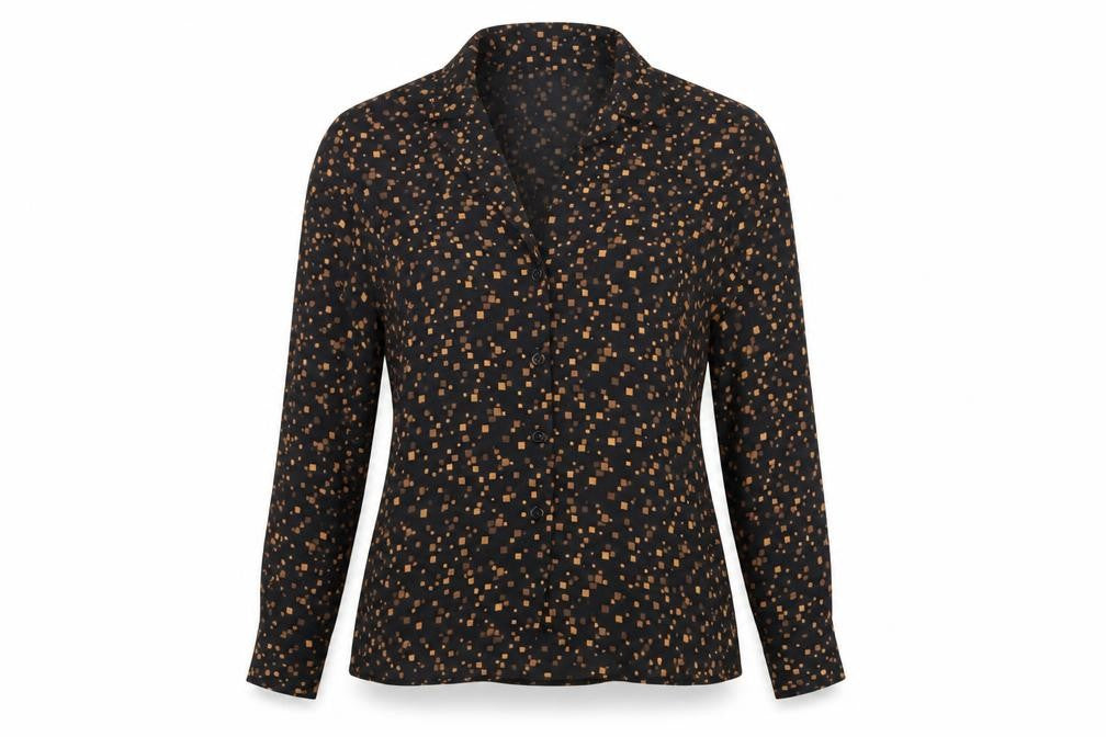 Front view of New Look Women Black Geometric Long Sleeve Collared Blouse, size 12