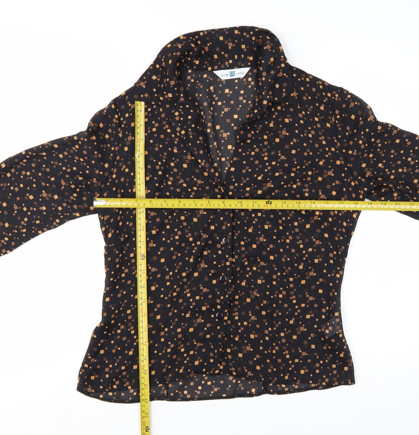 New Look Women Black Geometric Long Sleeve Collared Blouse Size 12