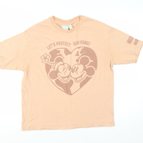 Disney Women Beige Mickey & Minnie Organic Cotton T-Shirt Size S