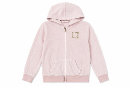 Front view of Lipsy girls’ pink velour sequin logo zip up hoodie 11-12 years