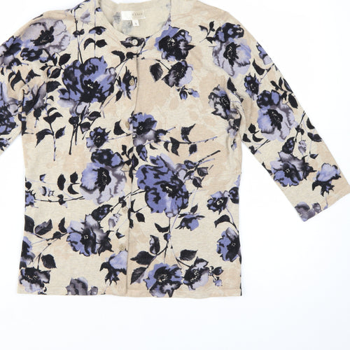 KENAR Women's Beige Floral 3/4 Sleeve Cardigan Knit M