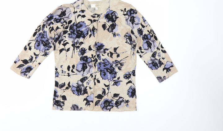 KENAR Women's Beige Floral 3/4 Sleeve Cardigan Knit M
