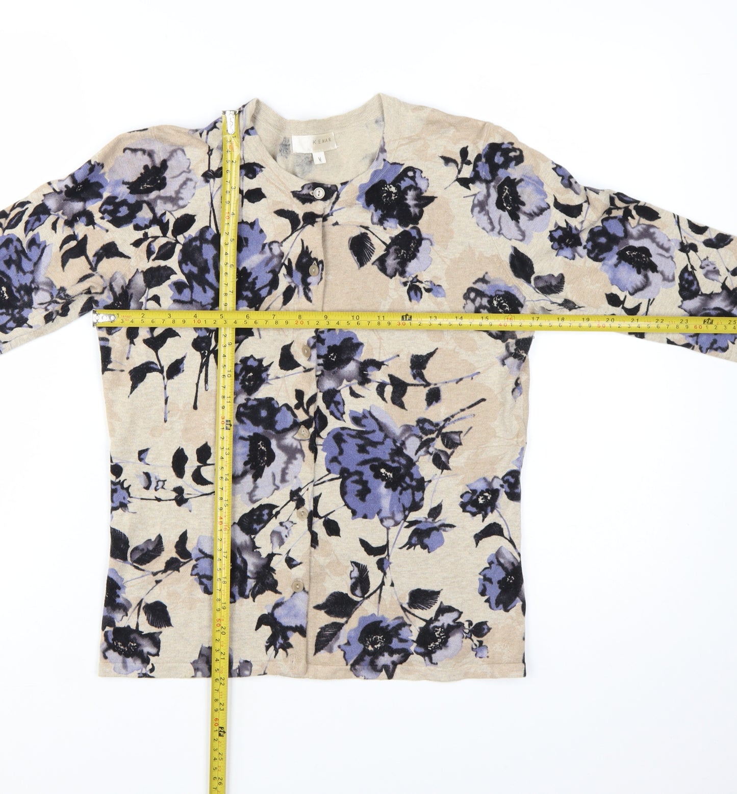 KENAR Women's Beige Floral 3/4 Sleeve Cardigan Knit M
