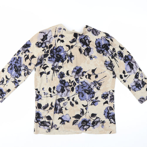 KENAR Women's Beige Floral 3/4 Sleeve Cardigan Knit M
