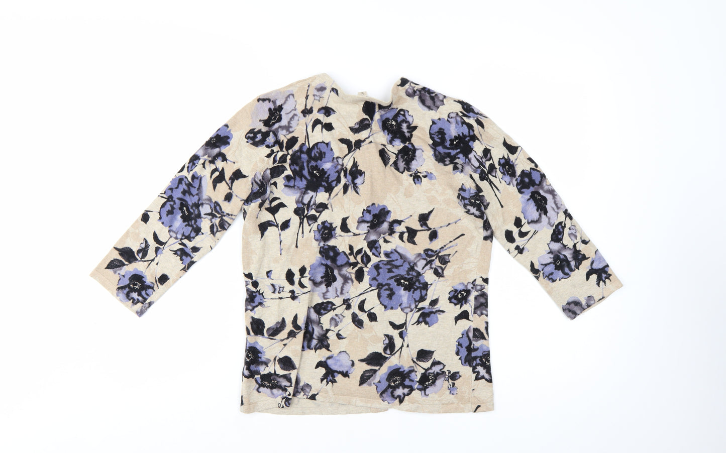 KENAR Women's Beige Floral 3/4 Sleeve Cardigan Knit M