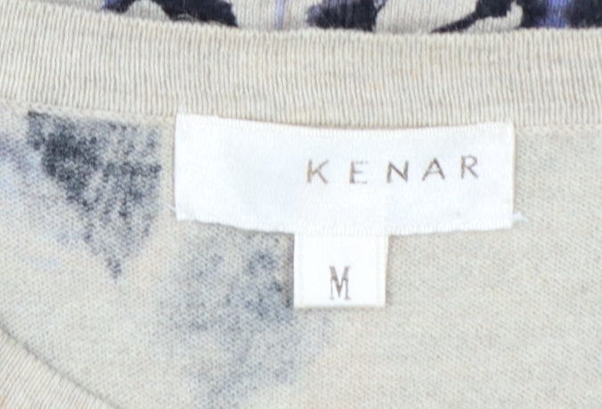 KENAR Women's Beige Floral 3/4 Sleeve Cardigan Knit M